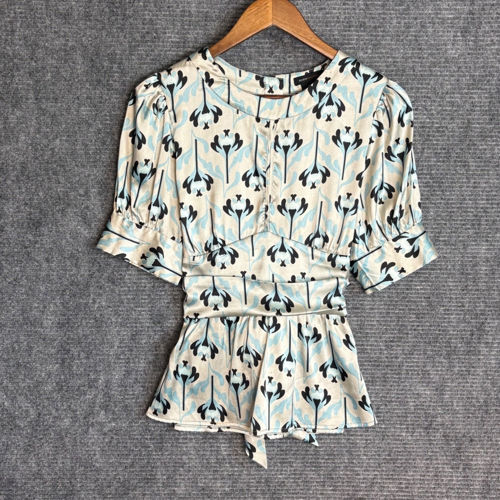 BCBGMAXAZRIA Floral Art Deco Peplum Blouse Blue Champagne Satin Tie Back Top M